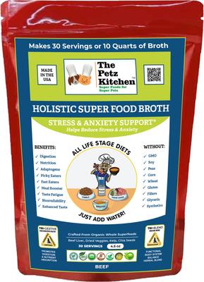 Show full view: The Petz Kitchen Holistic Super Food Broth Anxiety Support Beef Flavor Concentrate Powder Dog & Cat Supplement, 4.5-oz bag slide 1 of 8
