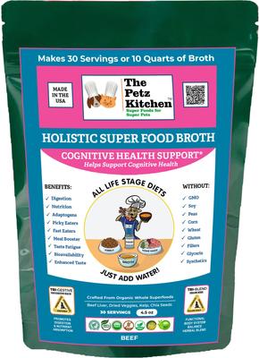 Show full view: The Petz Kitchen Holistic Super Food Broth Cognitive Support Beef Flavor Concentrate Powder Dog & Cat Supplement, 4.5-oz bag slide 1 of 8