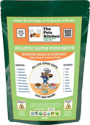 Show full view: The Petz Kitchen Holistic Super Food Broth Immune Support Beef Flavor Concentrate Powder Beef Flavor Dog & Cat Supplement, 4.5-oz bag slide 1 of 9