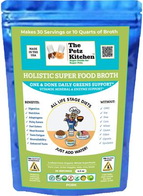 Show full view: The Petz Kitchen Holistic Super Food Broth One & Done Daily Greens Support Pork Flavor Concentrate Powder Dog & Cat Supplement, 4.5-oz bag slide 1 of 8