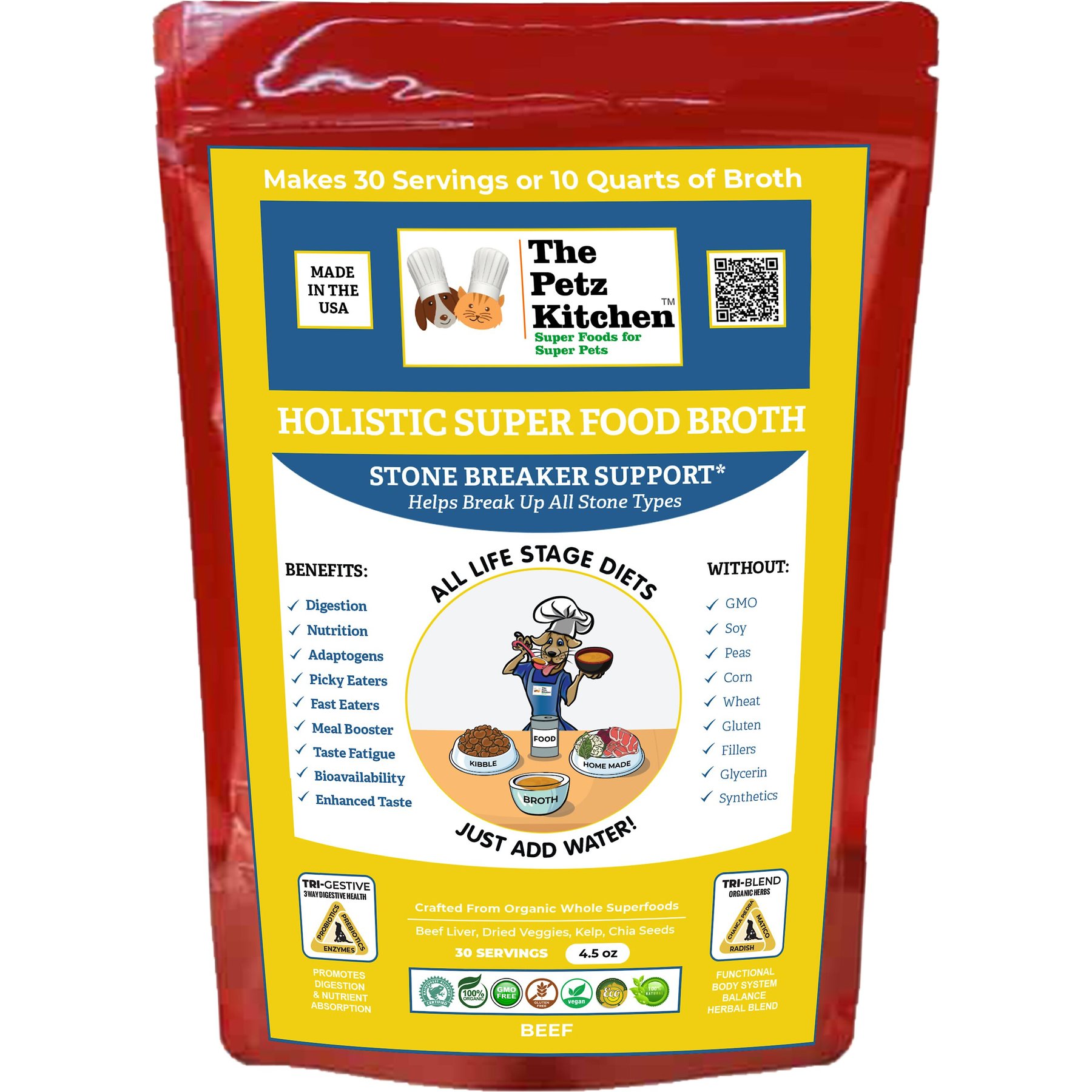 The Petz Kitchen Holistic Super Food Broth Stone Breaker Support Beef Flavor Concentrate Powder Dog & Cat Supplement, 4.5-oz bag