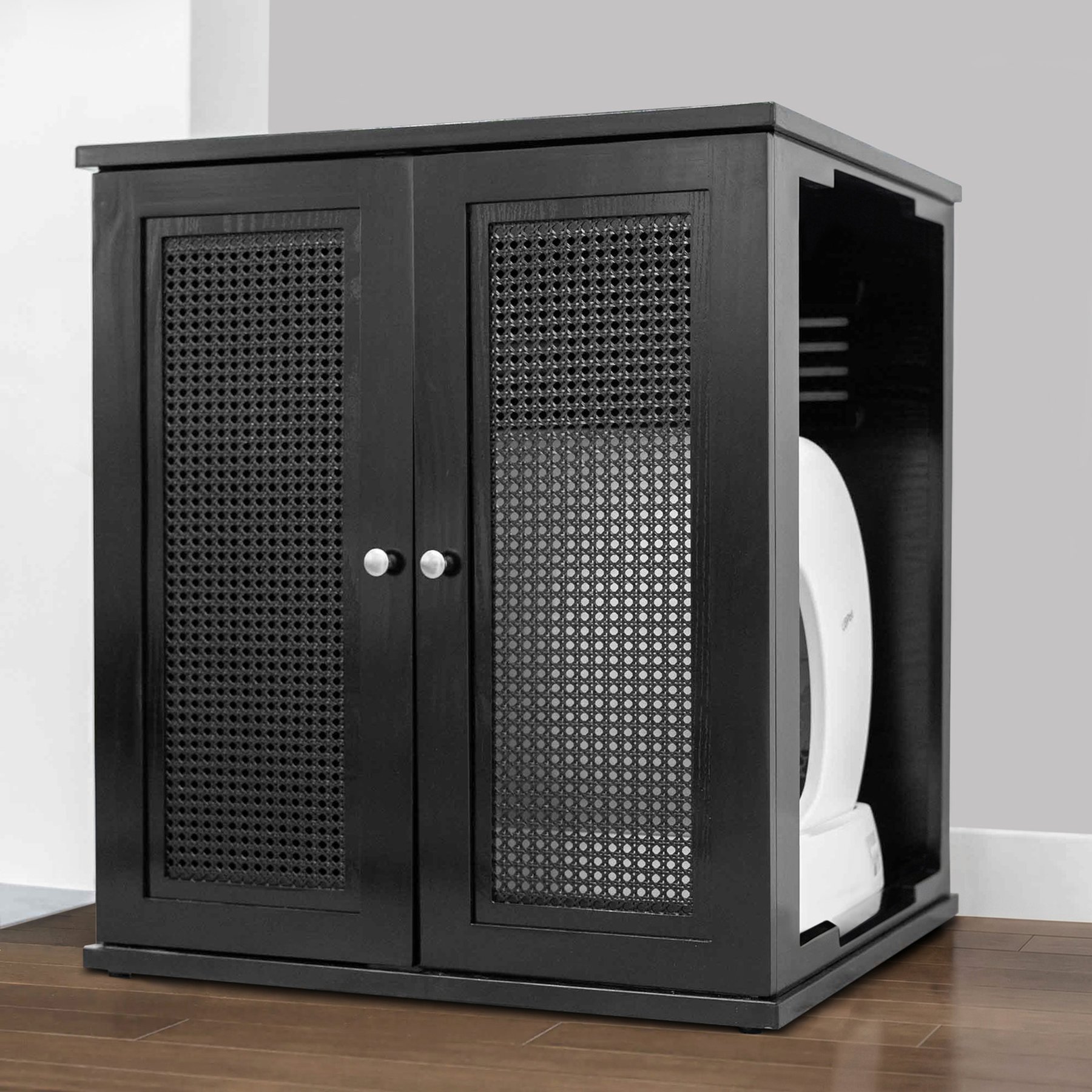 The Refined Feline Cane Door Self Cleaning Cat Litter Box Cabinet, Ebony