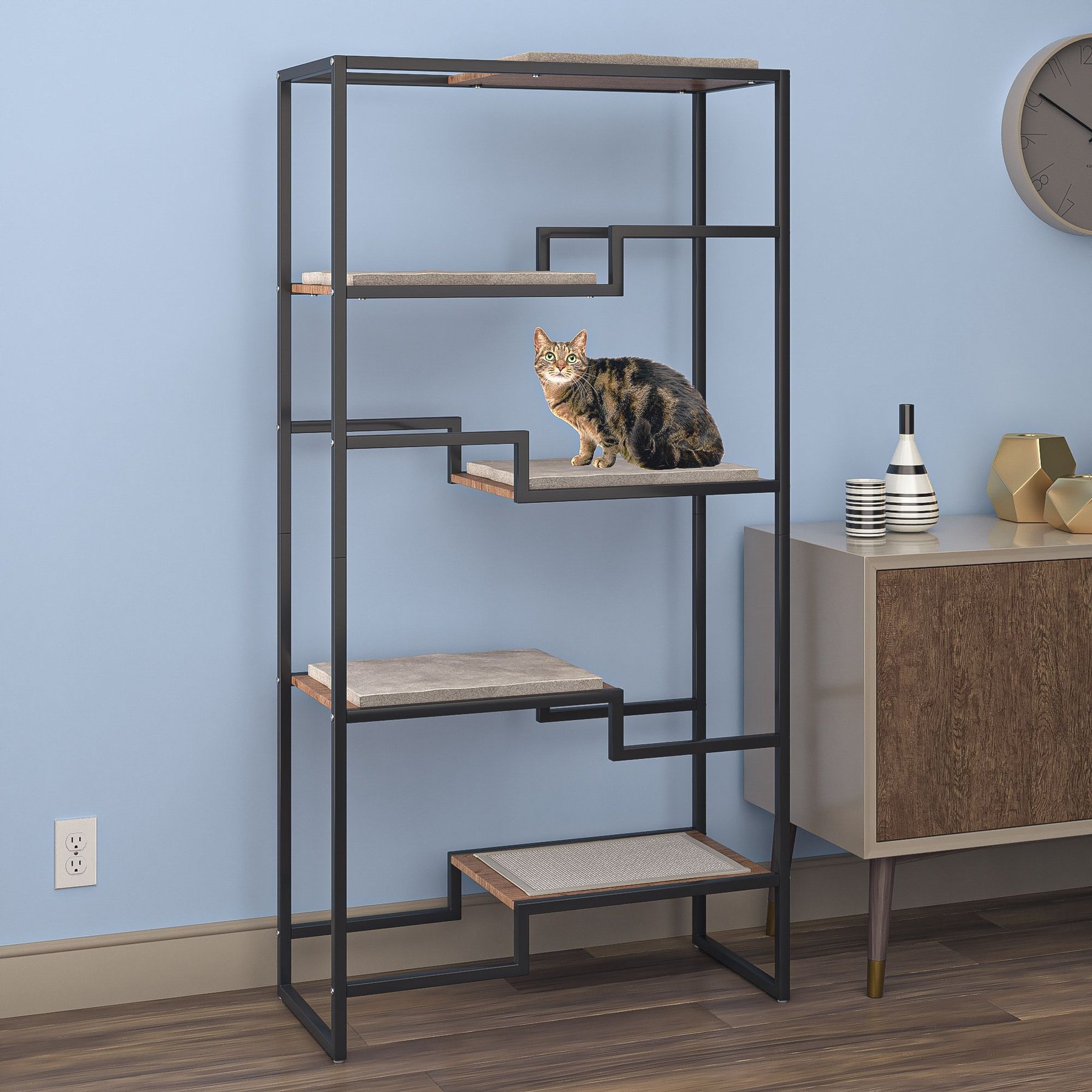 The Refined Feline Metropolitan 62-in Faux-Fur Cat Tree & Condo, Black with Walnut