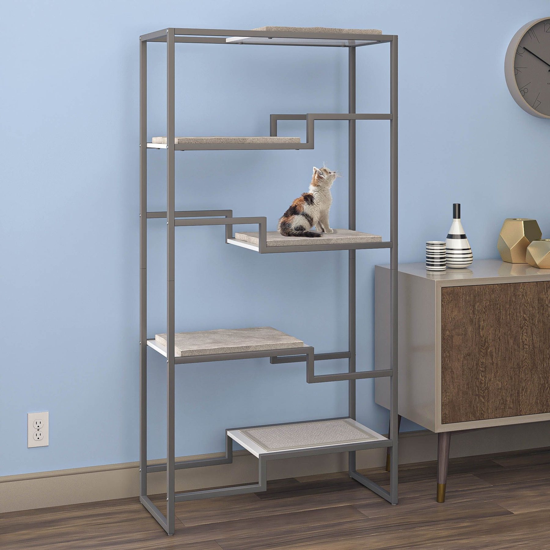 The Refined Feline Metropolitan 62-in Faux-Fur Cat Tree & Condo, Grey with White
