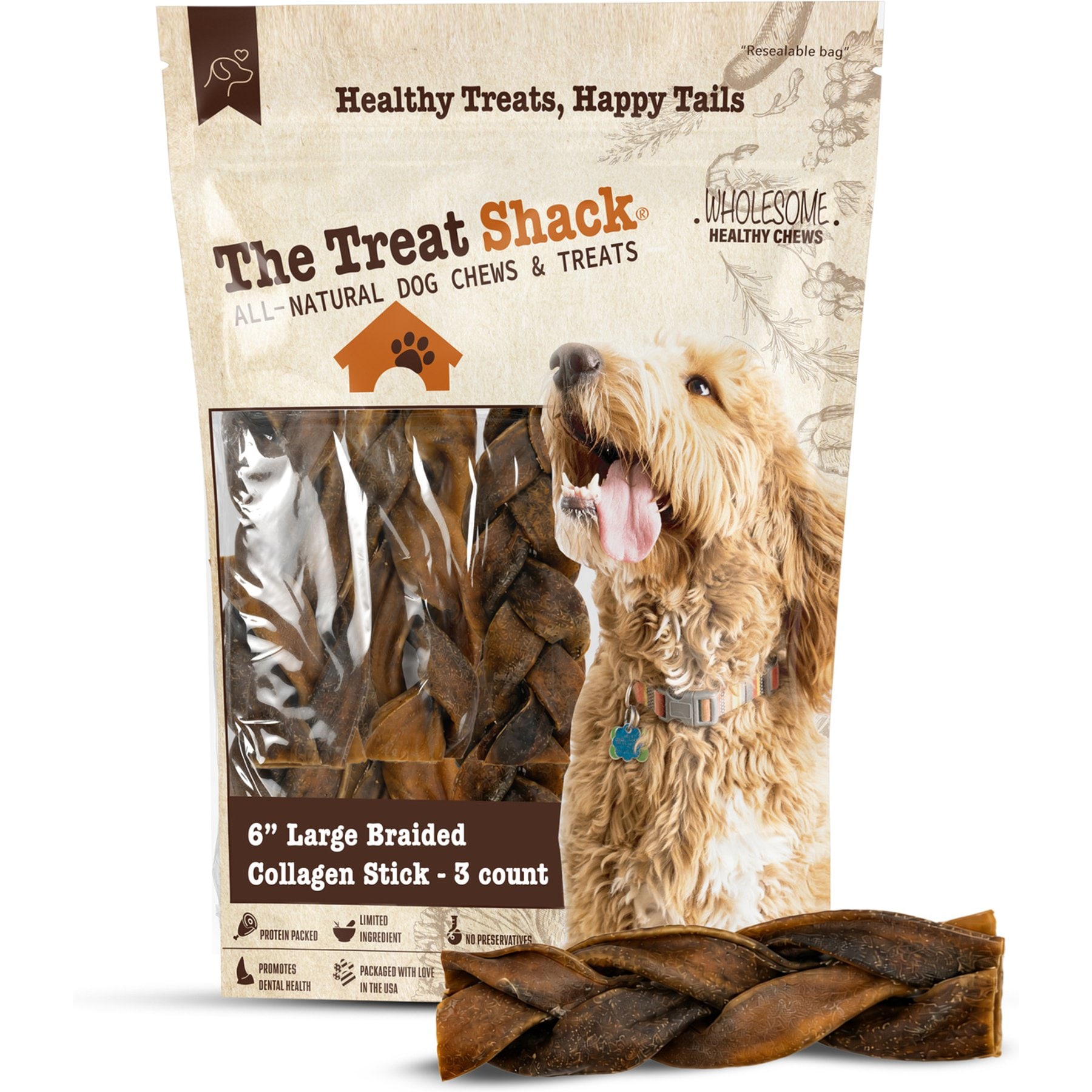 The Treat Shack 6-in Large Braided Collagen Stick Dog Natural Chew Treats, 3 count