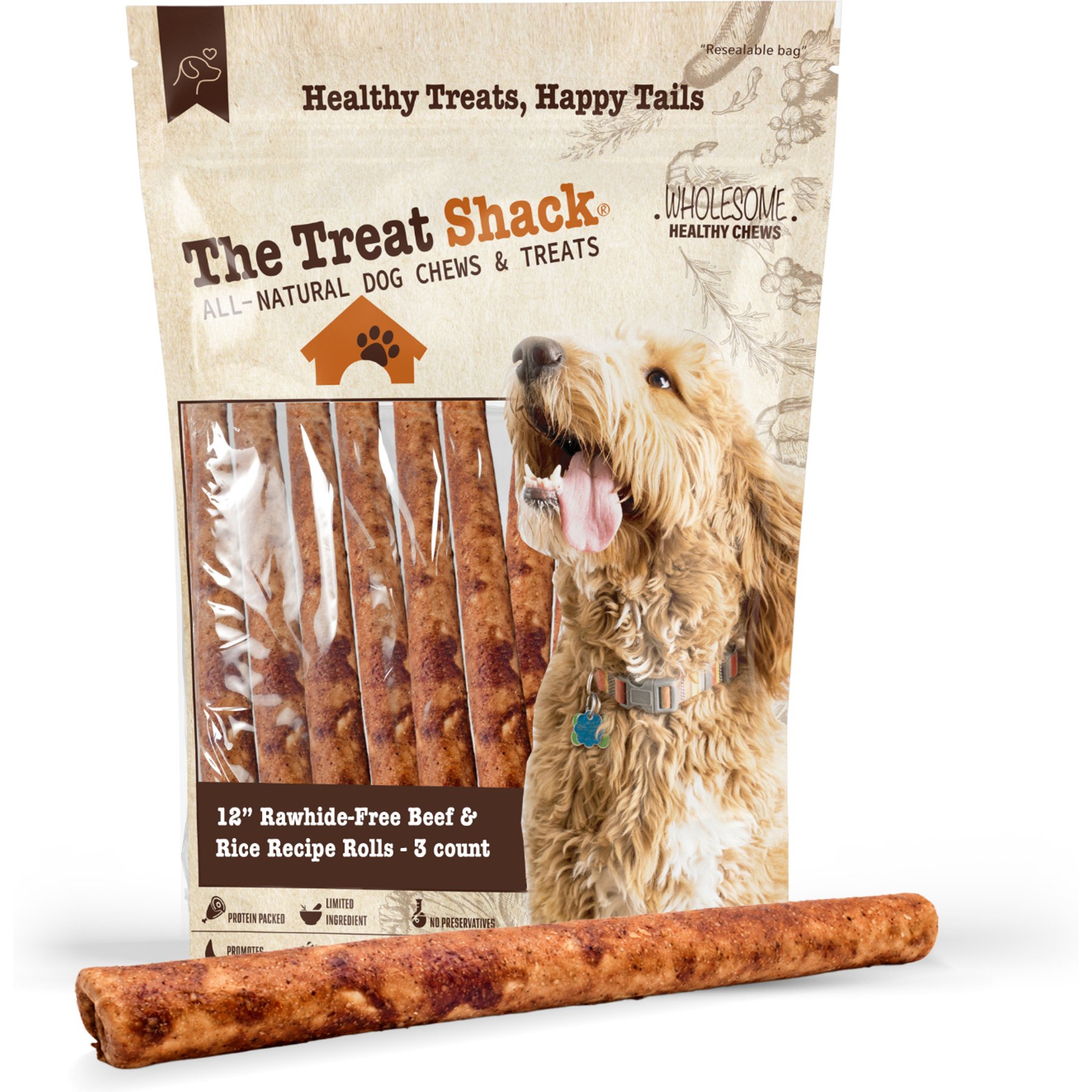 The Treat Shack Rawhide Free Thick Rolls 12-in Beef & Rice Recipe Dog Hard Chew, 3 count