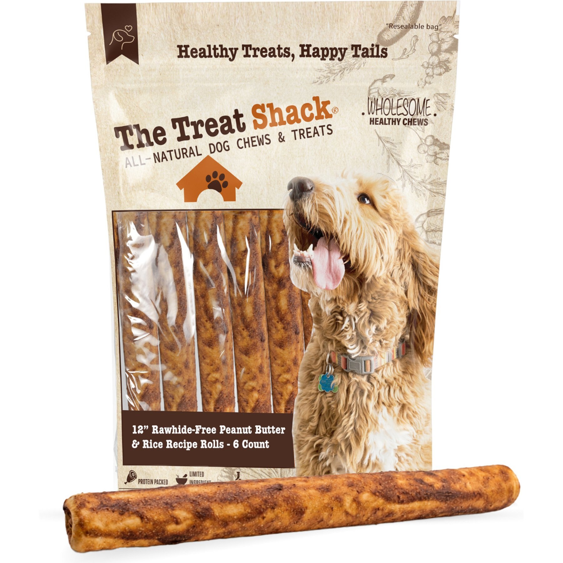 The Treat Shack Rawhide Free Thick Rolls 12-in Peanut Butter & Rice Recipe Dog Hard Chew, 6 count