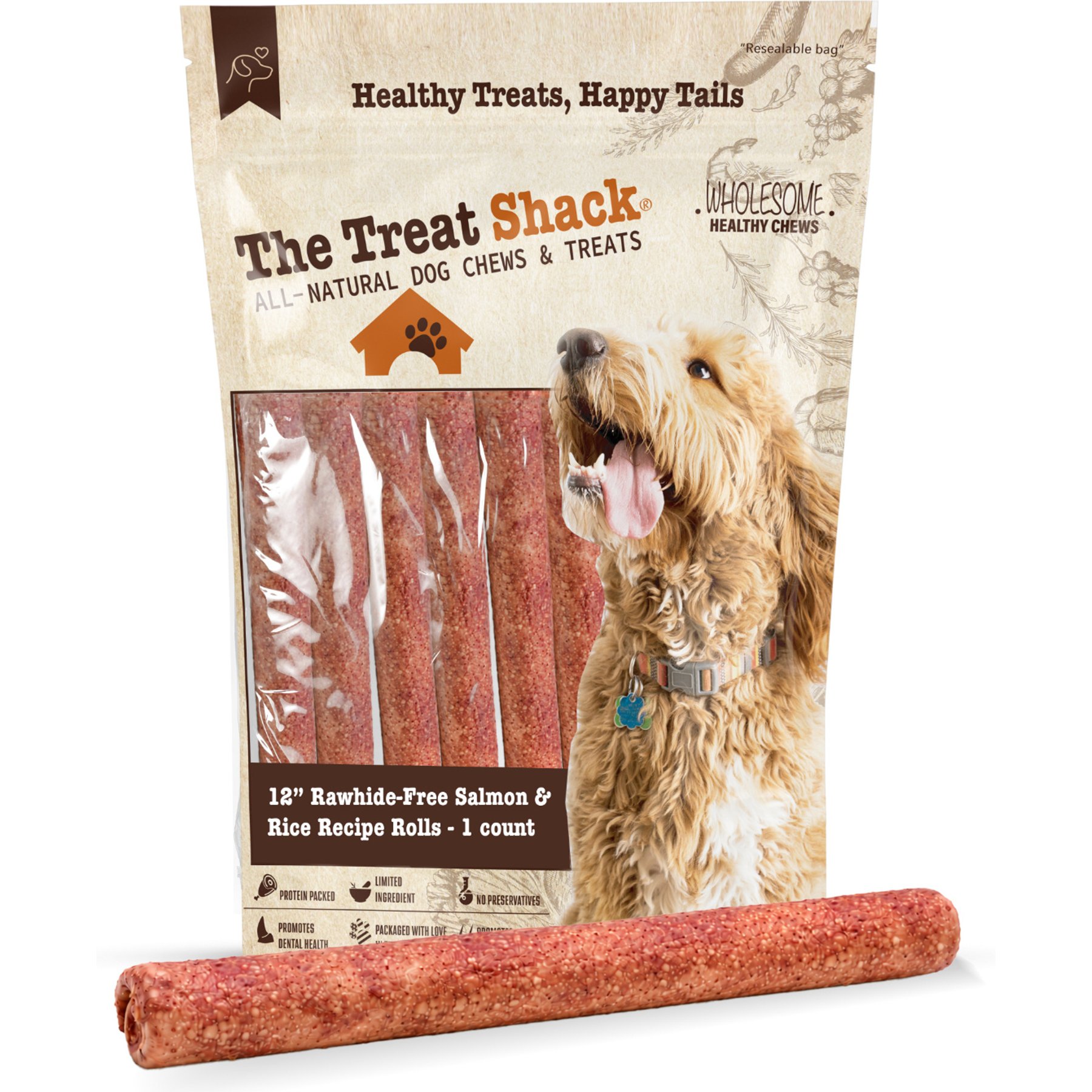 The Treat Shack Rawhide Free Thick Rolls 12-in Salmon & Rice Recipe Dog Hard Chew, 1 count