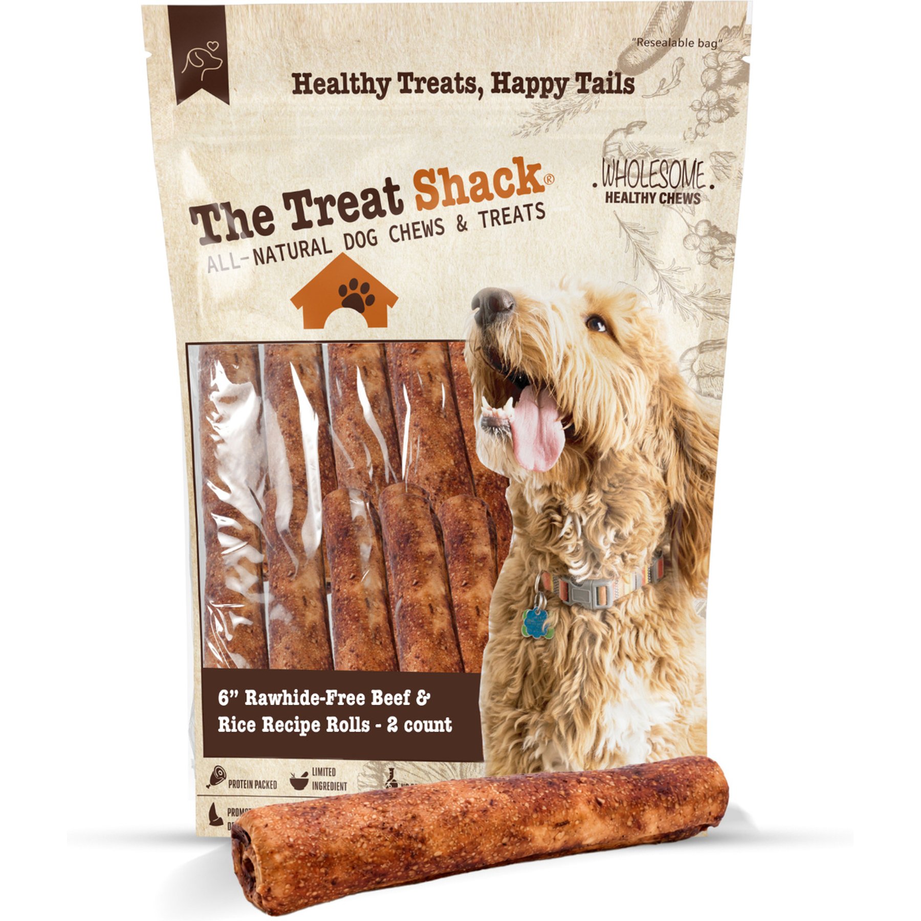 The Treat Shack Rawhide Free Thick Rolls 6-in Beef & Rice Recipe Dog Hard Chew, 2 count