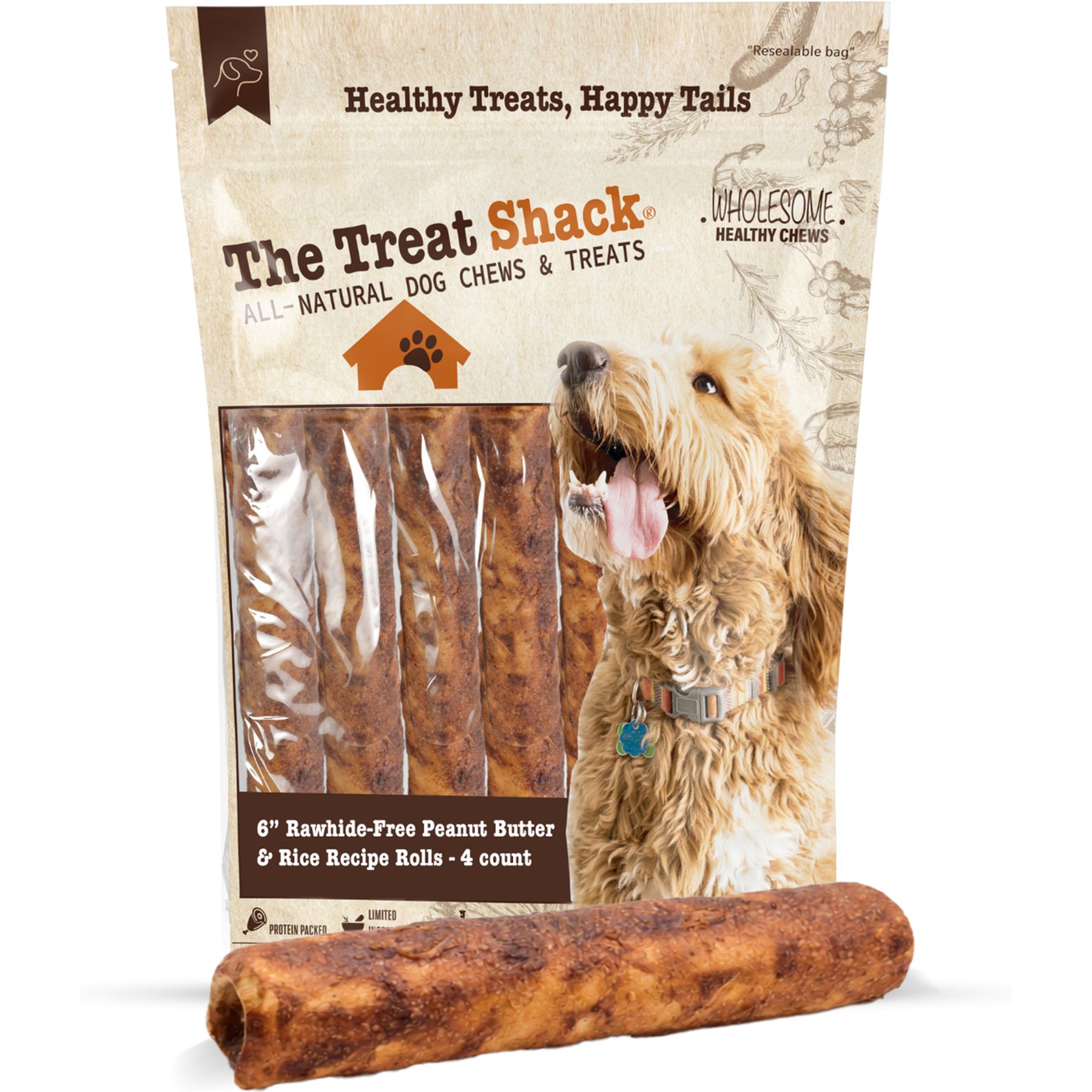 The Treat Shack Rawhide Free Thick Rolls 6-in Peanut Butter & Rice Recipe Dog Hard Chew, 4 count