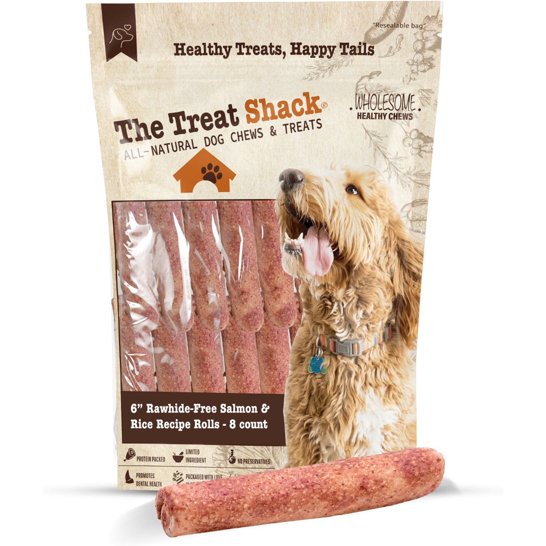 The Treat Shack Rawhide Free Thick Rolls 6-in Salmon & Rice Recipe Dog Hard Chew, 8 count