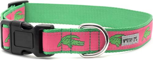 Show full view: The Worthy Dog Alligators Dog Collar, Pink, X-Small: 5 to 11-in neck, 1/2-in wide slide 3 of 3