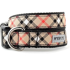 The Worthy Dog Bias Plaid Dog Collar, Tan, Large: 14 to 20-in neck, 1-in wide