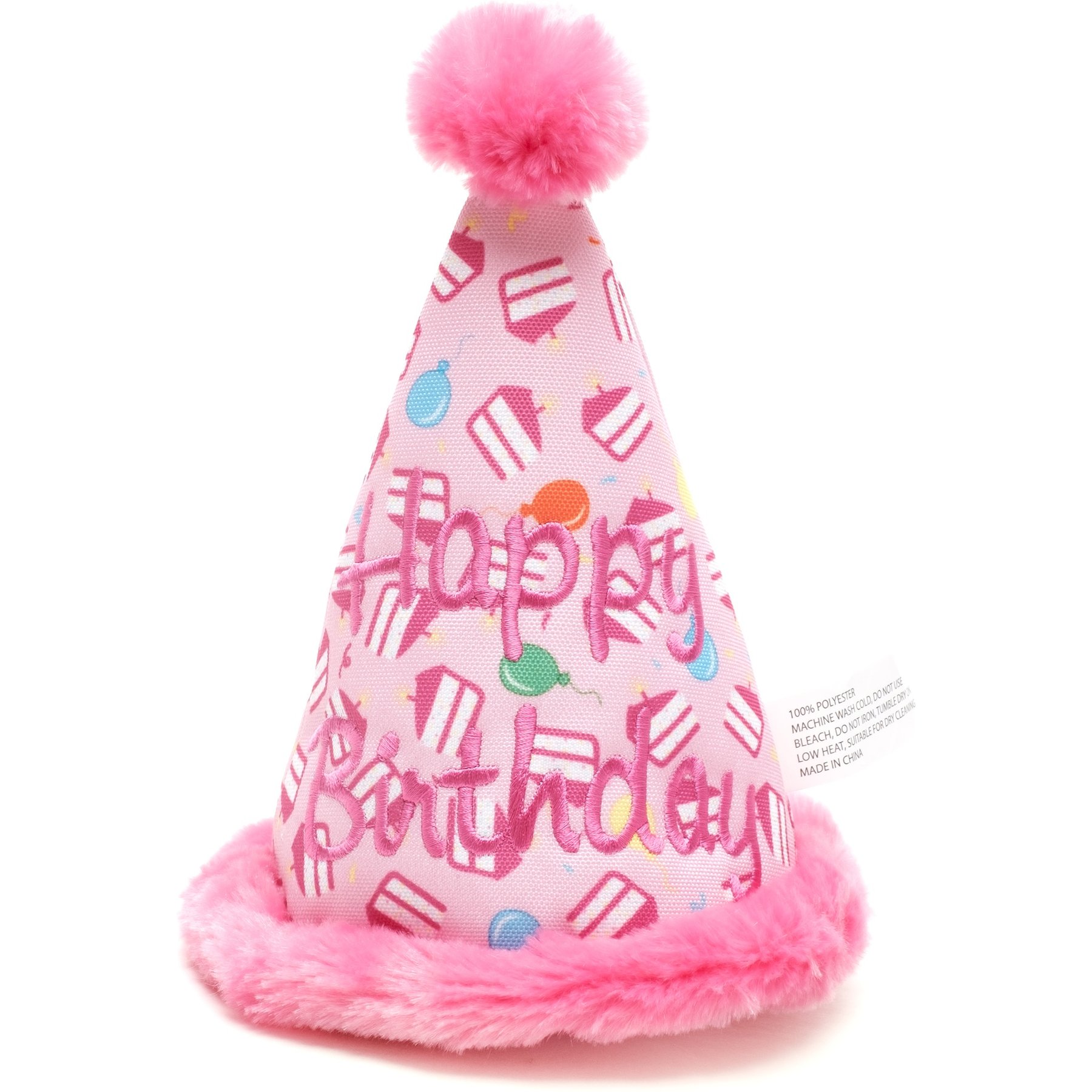 The Worthy Dog Birthday Hat Squeaky Plush Dog Toy, Pink