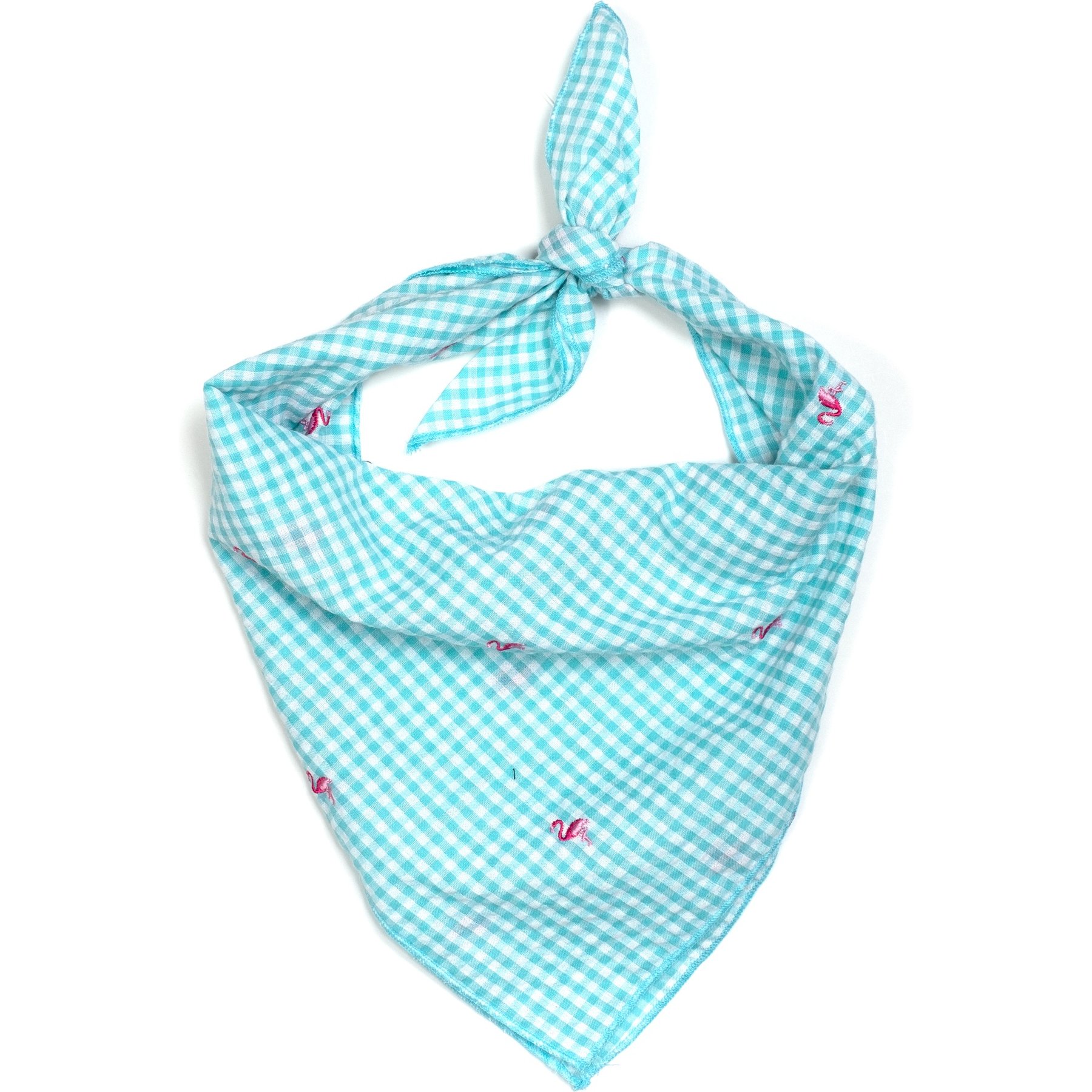 The Worthy Dog Gingham Flamingos Dog Bandana, Aqua, Small