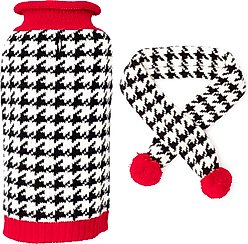 The Worthy Dog Houndstooth Dog Sweater & Scarf Set, Black/White/Red, Small