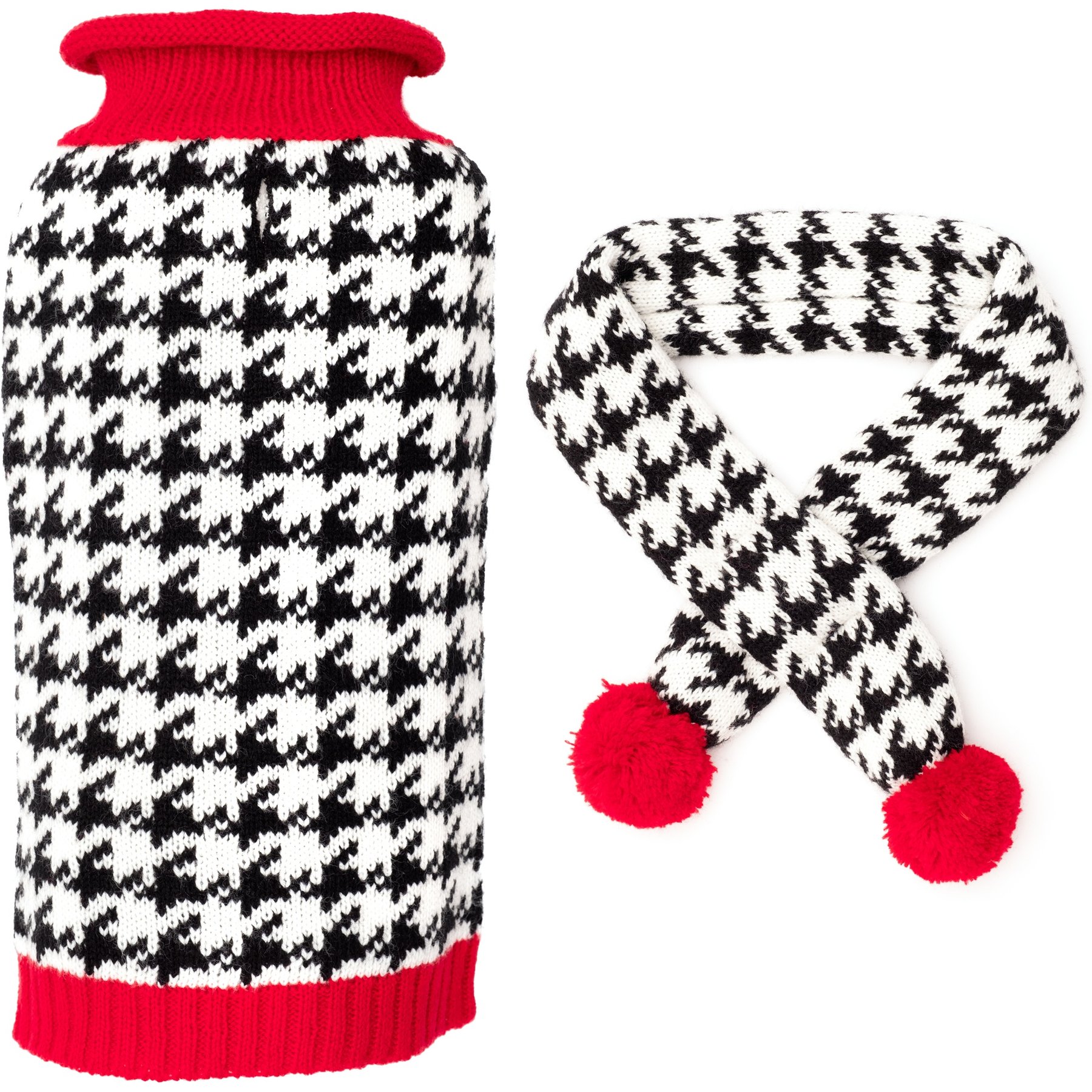 The Worthy Dog Houndstooth Dog Sweater & Scarf Set, Black/White/Red, Small