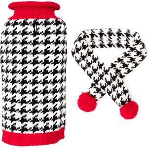 The Worthy Dog Houndstooth Dog Sweater & Scarf Set, Black/White/Red, Small