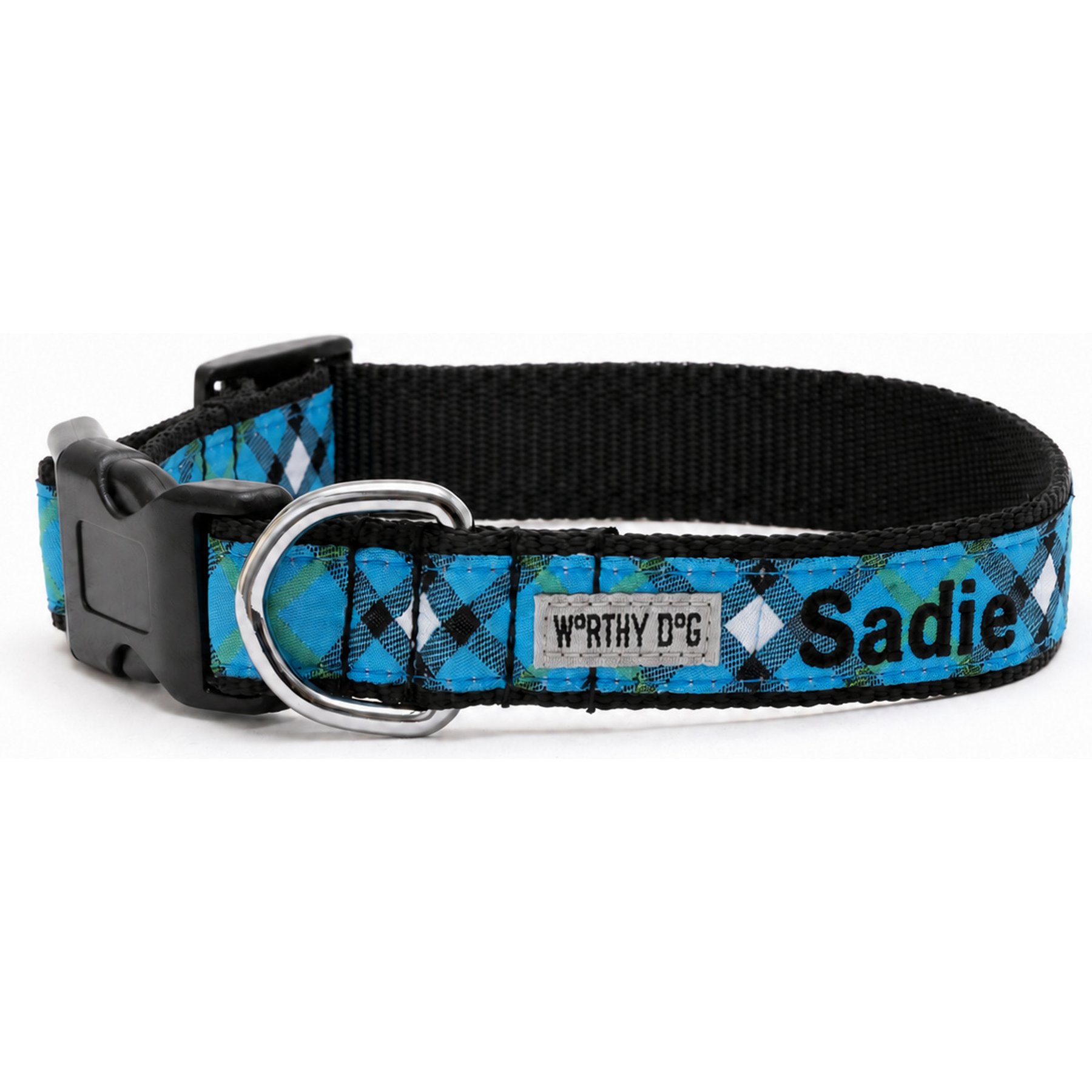 The Worthy Dog Personalized Bias Plaid Adjustable Dog Collar, Blue, Large: 14 to 20-in neck, 1-in wide
