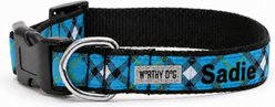 The Worthy Dog Personalized Bias Plaid Adjustable Dog Collar, Blue, Medium: 11 to 17-in neck, 1-in wide