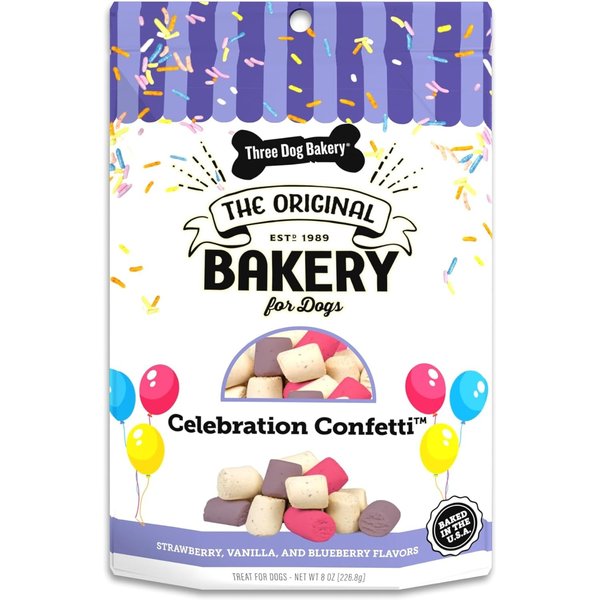 Three Dog Bakery Celebration Confetti Strawberry, Vanilla & Blueberry Dog Treats, 8-oz bag