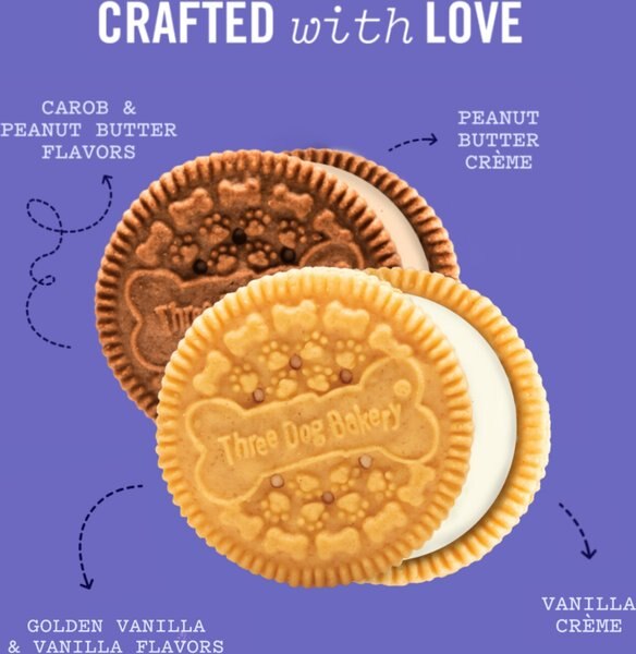 Three Dog Bakery Classic Cremes Carob & Peanut Butter Flavors Dog Treats