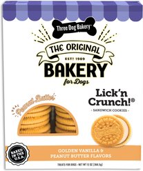 Three Dog Bakery Lick'n Crunch Golden & Peanut Butter Sandwich Cookies Dog Treats, 13-oz box