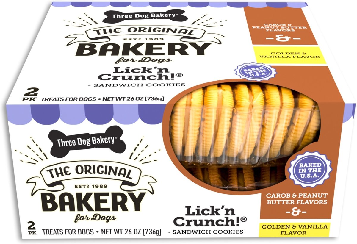 Three Dog Bakery Lick'n Crunch Vanilla & Peanut Butter Cookie Dog Treats, 26-oz box, 2 pack