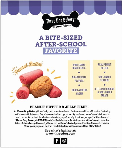 Three Dog Bakery PB&J Bites Crunchy Dog Treats, 13-oz bag