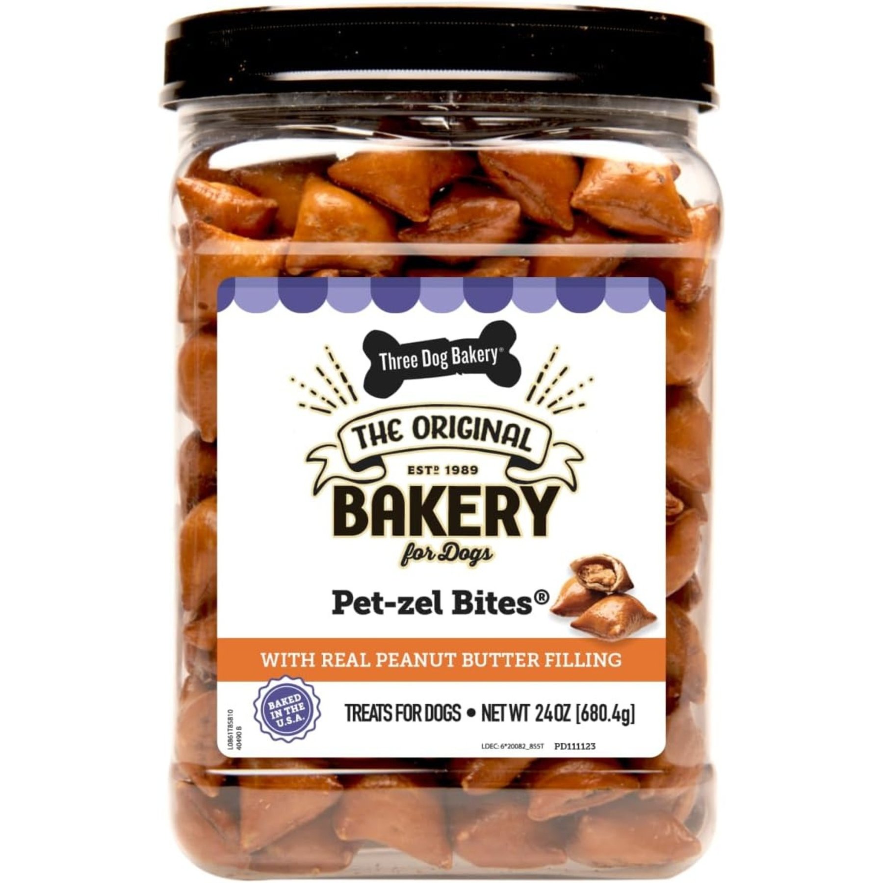 Three Dog Bakery Pet-zel Bites with Peanut Butter Dog Treats, 24-oz jar