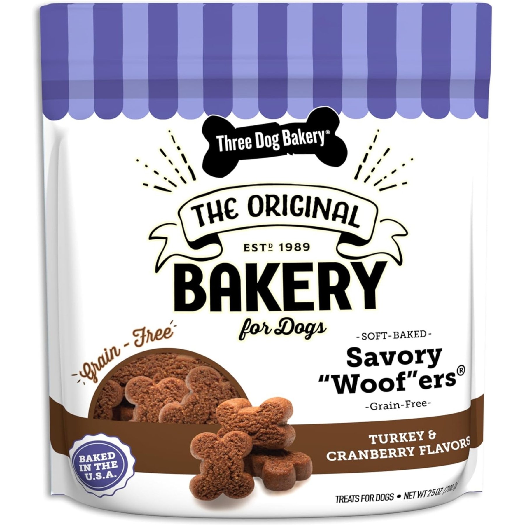 Three Dog Bakery Savory Woofers Grain-Free Turkey & Cranberry Dog Treats, 25-oz bag