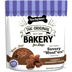 Three Dog Bakery Savory Woofers Grain-Free Turkey & Cranberry Dog Treats, 25-oz bag
