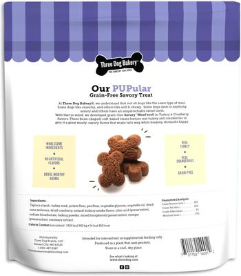 Show full view: Three Dog Bakery Savory Woofers Grain-Free Turkey & Cranberry Dog Treats, 25-oz bag slide 3 of 8