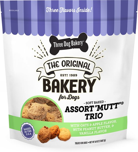 Show full view: Three Dog Bakery Soft Baked AssortMutt Trio, Oat, PB, & Vanilla Dog Treats, 3-lb bag slide 1 of 5