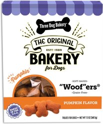 Three Dog Bakery Soft Baked Woofers Grain-Free Pumpkin Dog Treats, 13-oz box