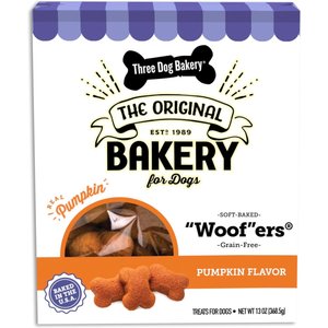 Three Dog Bakery Soft Baked Woofers Grain-Free Pumpkin Dog Treats, 13-oz box