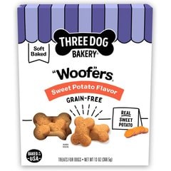 Three Dog Bakery Soft Baked Woofers Grain-Free Sweet Potato Dog Treats, 13-oz box