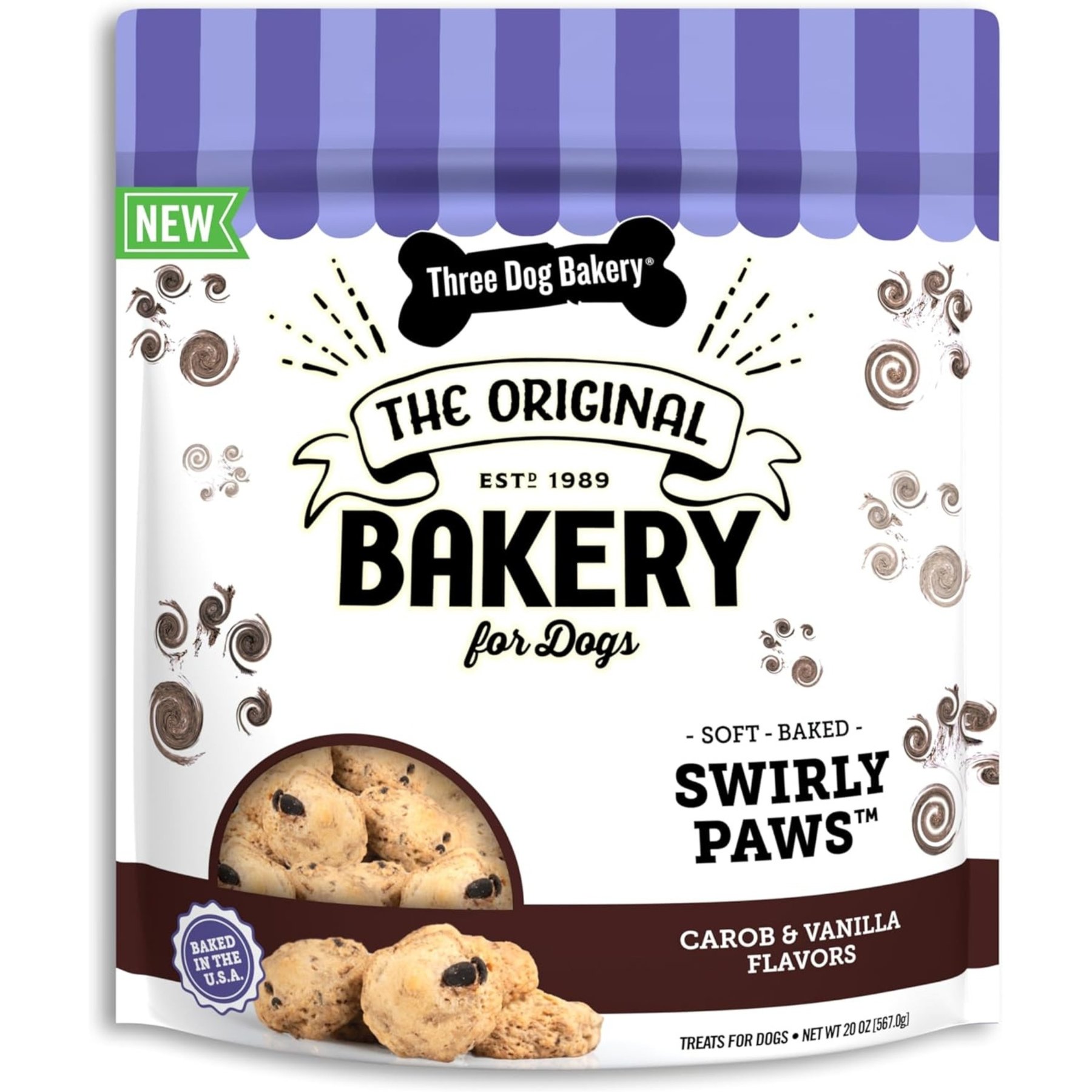 Three Dog Bakery Swirly Paws Carob & Vanilla Soft & Chewy Dog Treats, 20-oz bag