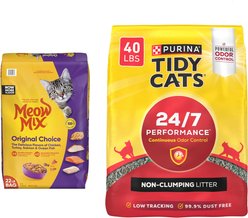 Tidy Cats 24/7 Performance Scented Non-Clumping Clay Litter + Meow Mix Original Choice Dry Cat Food