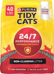Tidy Cats 24/7 Performance Scented Non-Clumping Clay Litter + Meow Mix Original Choice Dry Cat Food slide 2 of 9