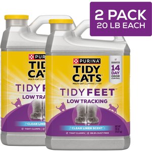 Tidy Cats Tidy Feet Low Tracking Clean Linen Scented Clumping Clay Cat Litter, 20-lb jug, case of 2