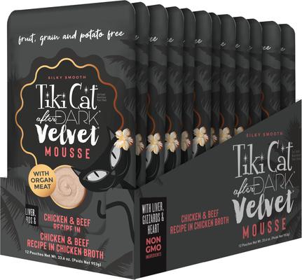 Show full view: Tiki Cat After Dark Velvet Mousse Chicken & Beef Grain-Free Wet Cat Food, 2.8-oz pouch, case of 12 slide 3 of 11