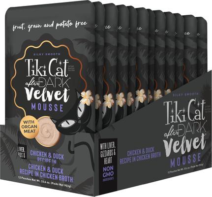 Show full view: Tiki Cat After Dark Velvet Mousse Chicken & Duck Grain-Free Wet Cat Food, 2.8-oz pouch, case of 12 slide 3 of 12
