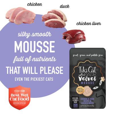 Show full view: Tiki Cat After Dark Velvet Mousse Chicken & Duck Grain-Free Wet Cat Food, 2.8-oz pouch, case of 12 slide 5 of 12