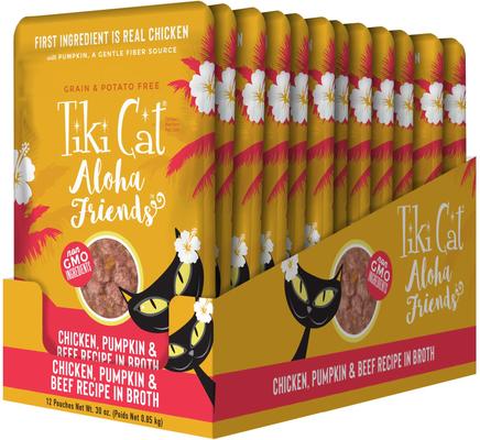 Show full view: Tiki Cat Aloha Friends Chicken, Pumpkin & Beef Recipe in Broth Grain-Free Wet Cat Food, 2.5-oz pouch, case of 12 slide 3 of 11