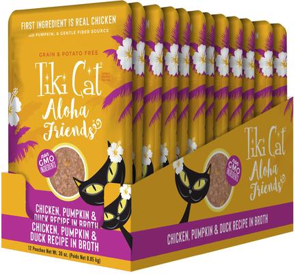 Show full view: Tiki Cat Aloha Friends Chicken, Pumpkin & Duck Recipe in Broth Grain-Free Wet Cat Food, 2.5-oz pouch, case of 12 slide 3 of 11