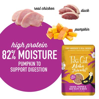 Show full view: Tiki Cat Aloha Friends Chicken, Pumpkin & Duck Recipe in Broth Grain-Free Wet Cat Food, 2.5-oz pouch, case of 12 slide 5 of 11
