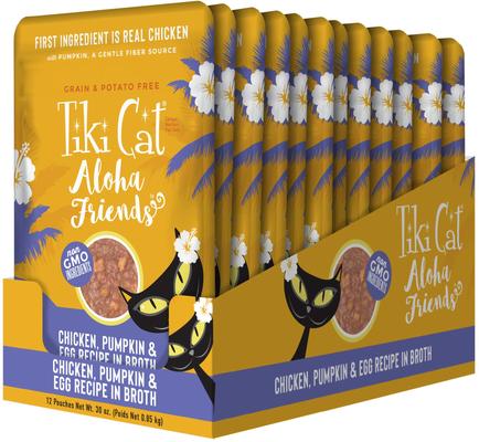 Show full view: Tiki Cat Aloha Friends Chicken, Pumpkin & Egg Recipe in Broth Grain-Free Wet Cat Food, 2.5-oz pouch, case of 12 slide 3 of 11