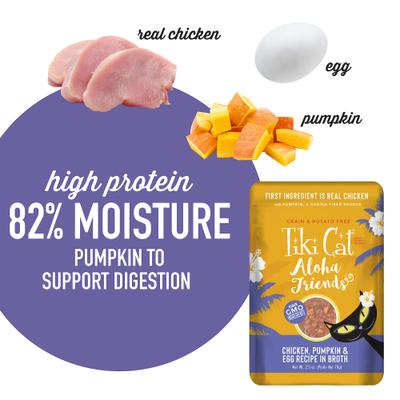 Show full view: Tiki Cat Aloha Friends Chicken, Pumpkin & Egg Recipe in Broth Grain-Free Wet Cat Food, 2.5-oz pouch, case of 12 slide 5 of 11