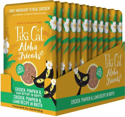 Show full view: Tiki Cat Aloha Friends Chicken, Pumpkin & Lamb Recipe in Broth Grain-Free Wet Cat Food, 2.5-oz pouch, case of 12 slide 3 of 11
